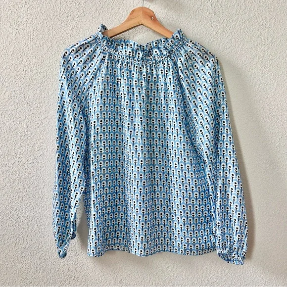 Ann Mashburn Silk Blue Floral Print Blouse Top Size Small Long Sleeve High Neck - Picture 1 of 6